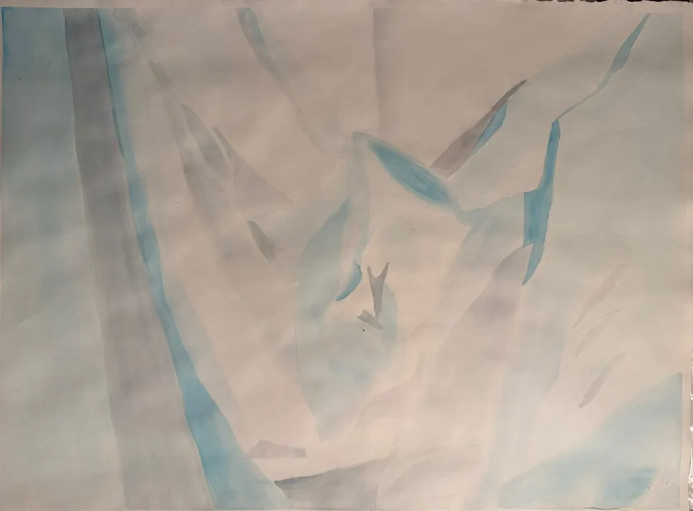 Blue Folds: a hanging cloth painted in the lightest blues and greys, with a few sharp creases catching the light