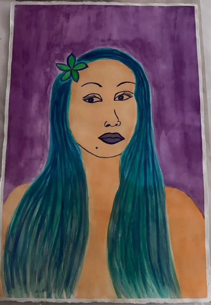 Blue Hair: a woman with long blue-green hair and a green flower behind her ear looks out from a violet ground
