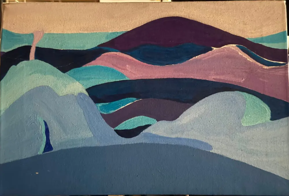 Blue Hills: layered hills in teal, violet, and pink beneath a bare linen sky