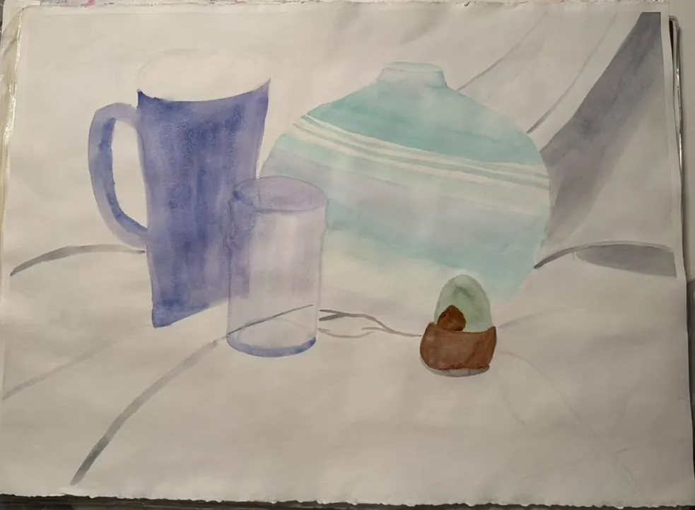 Blue Jug and Striped Pot: a tall blue jug, a striped round pot, a drinking glass, and an egg in its cup, painted in thin washes of violet and aqua