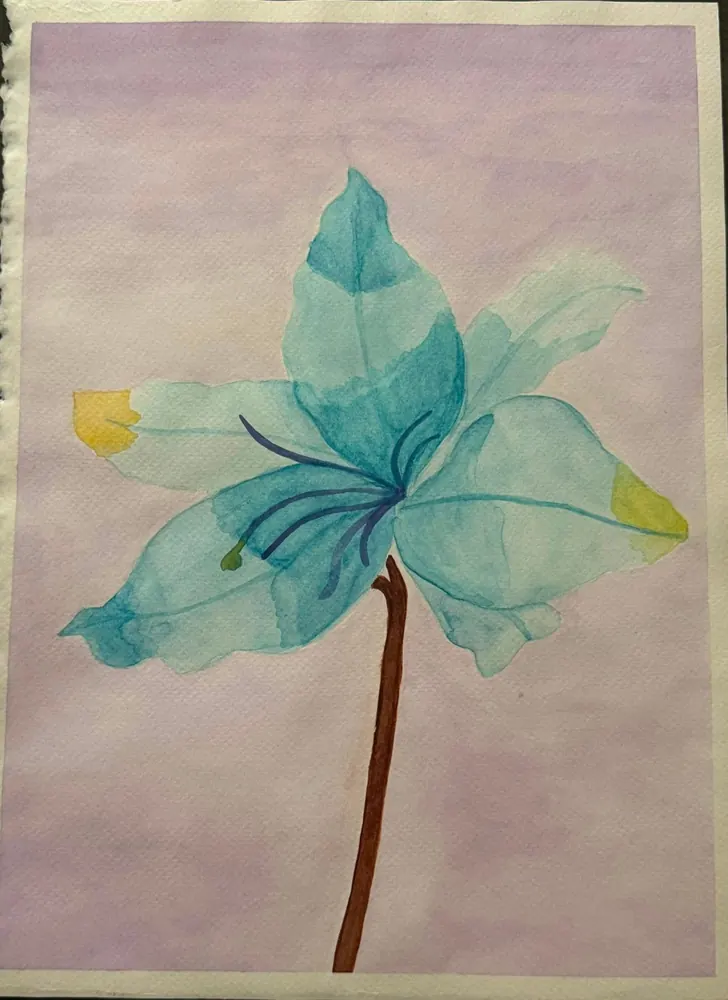 Blue Lily: a turquoise lily in translucent watercolor on a pale lavender ground