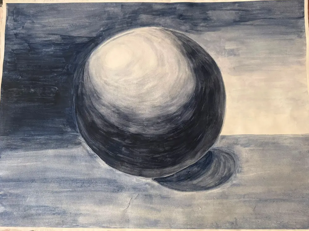 Blue Sphere: a single sphere painted in indigo watercolor washes with a long cast shadow