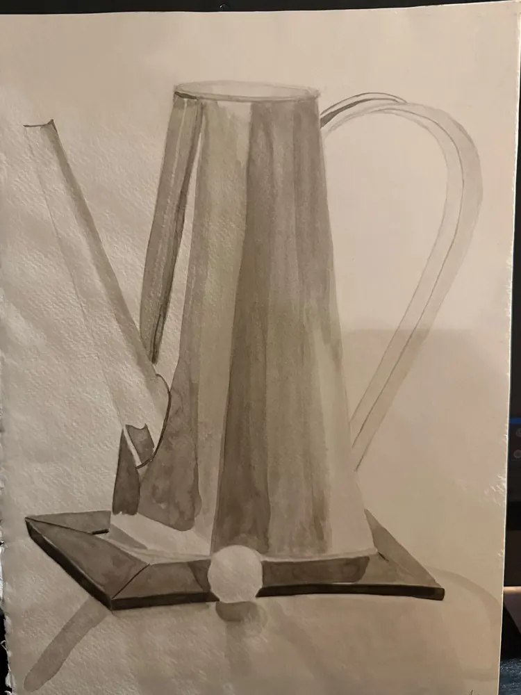 Coffee Pot: a tall coffee pot with a long spout and a looping handle, painted in transparent grey washes
