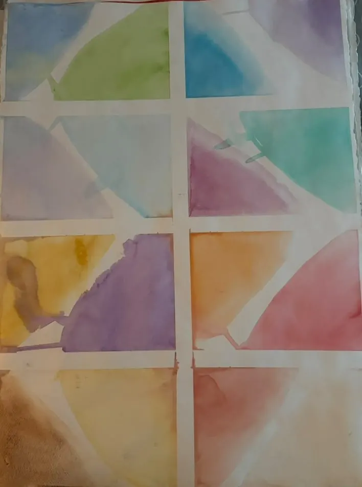 Color Windows: soft washes of green, blue, rose, violet, and gold fill a grid of panes divided by white lines
