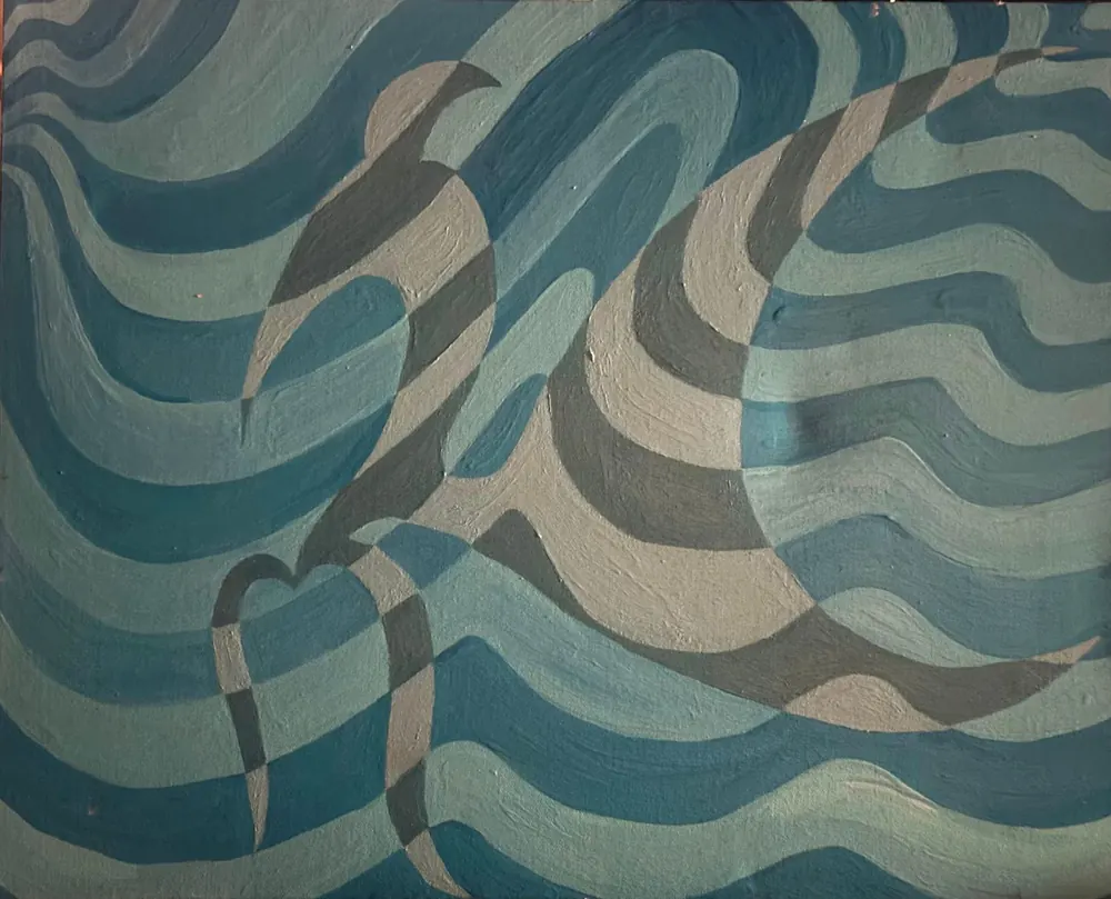 Current: rippling bands of teal, grey, and blue with a striped figure surfacing from the pattern
