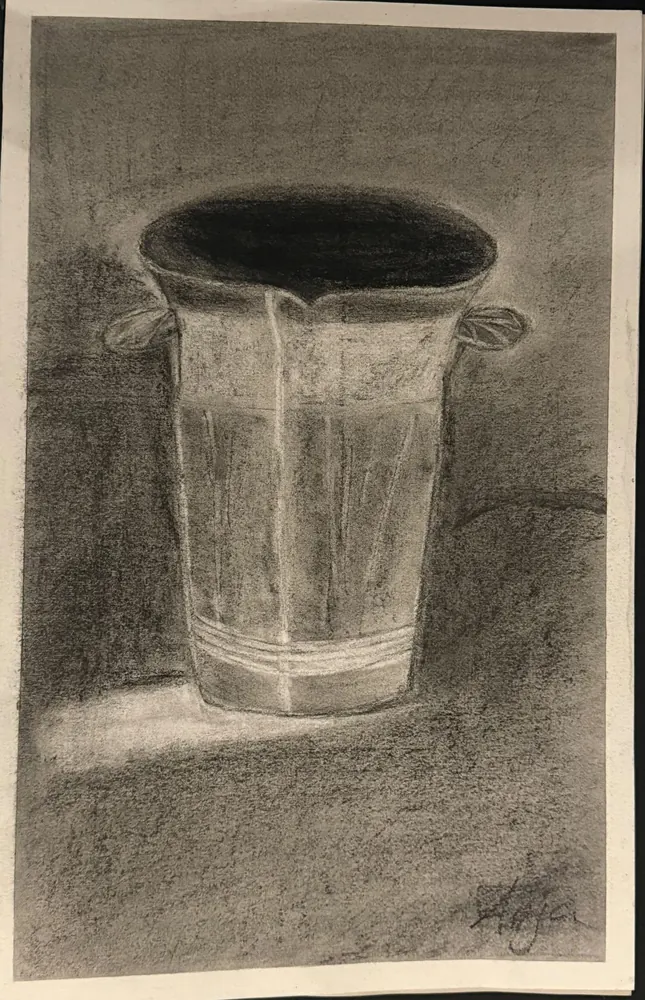 Dark Vessel: a single tall vessel with two small handles, its dark mouth open to the viewer, drawn in soft black on a rough ground