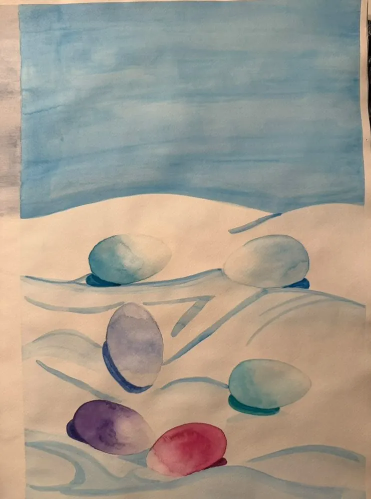 Eggs on a Cloth: six eggs in blue, violet, and red rest in the hollows of a white cloth under a washed blue sky