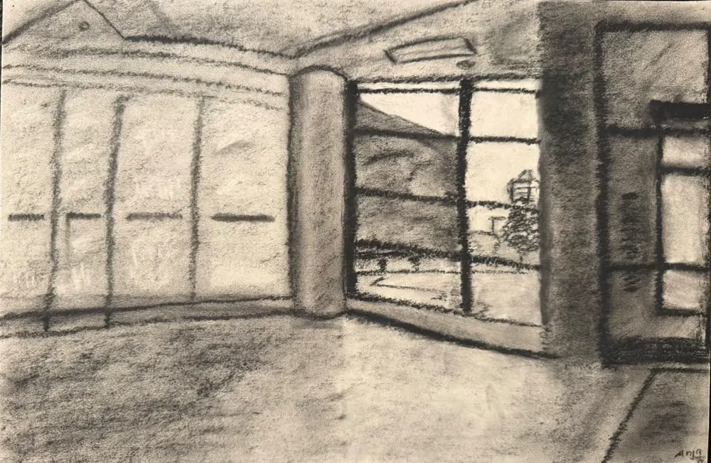 Empty Room: an empty interior drawn in soft black: tall windows, a round column, and a doorway opening to the outside