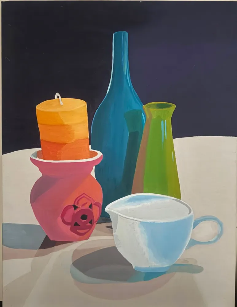 Evening Table: a candle in a pink pot beside a tall blue bottle, a green vase, and a white creamer