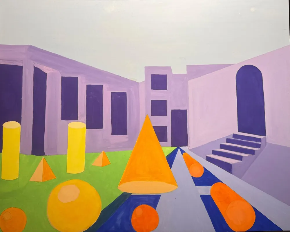 Lilac Street: lilac buildings with deep violet windows line a street that runs toward a flight of steps