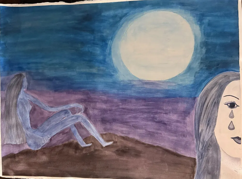 Moon and Tear: a full moon hangs over a violet sea while a blue figure sits on the shore, looking out