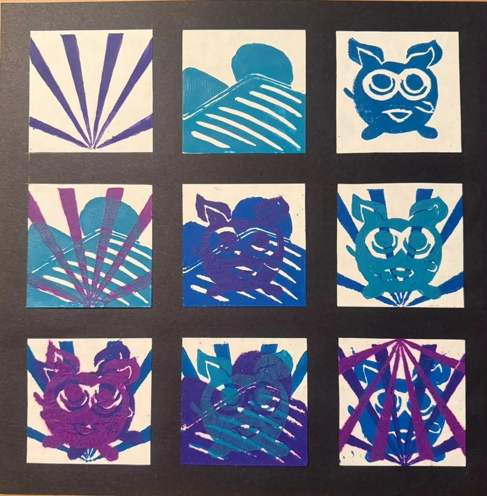 Nine Prints: nine small prints arranged in a grid: sunbursts, striped hills, and a wide-eyed creature, alone and then layered over one another