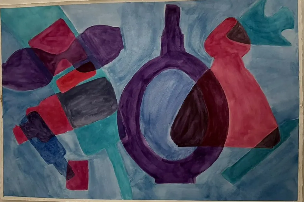 Overlapping Vessels: bottles, jars, and a tall vase overlap in purple, crimson, and teal, each shape showing through the next
