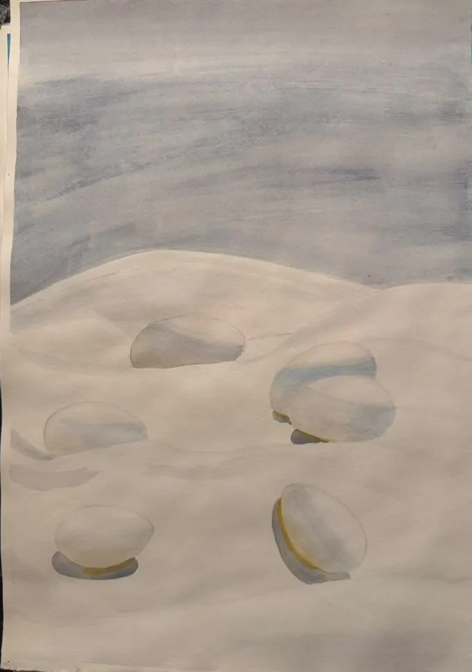 Pale Eggs: five pale eggs settle into a white cloth beneath a grey-violet sky