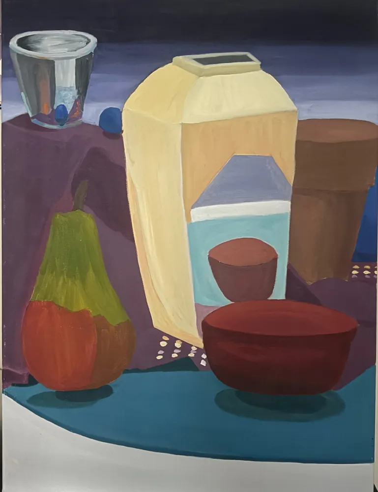 Pear and Red Bowl: a green and red pear, a tall cream vessel, a terracotta pot, and a deep red bowl on a purple cloth