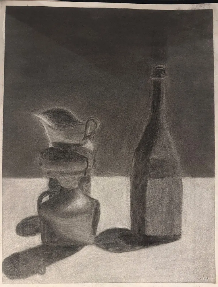 Pitcher and Bottle: a small pitcher balanced on a rounded jar stands beside a tall bottle, drawn in deep blacks and soft greys