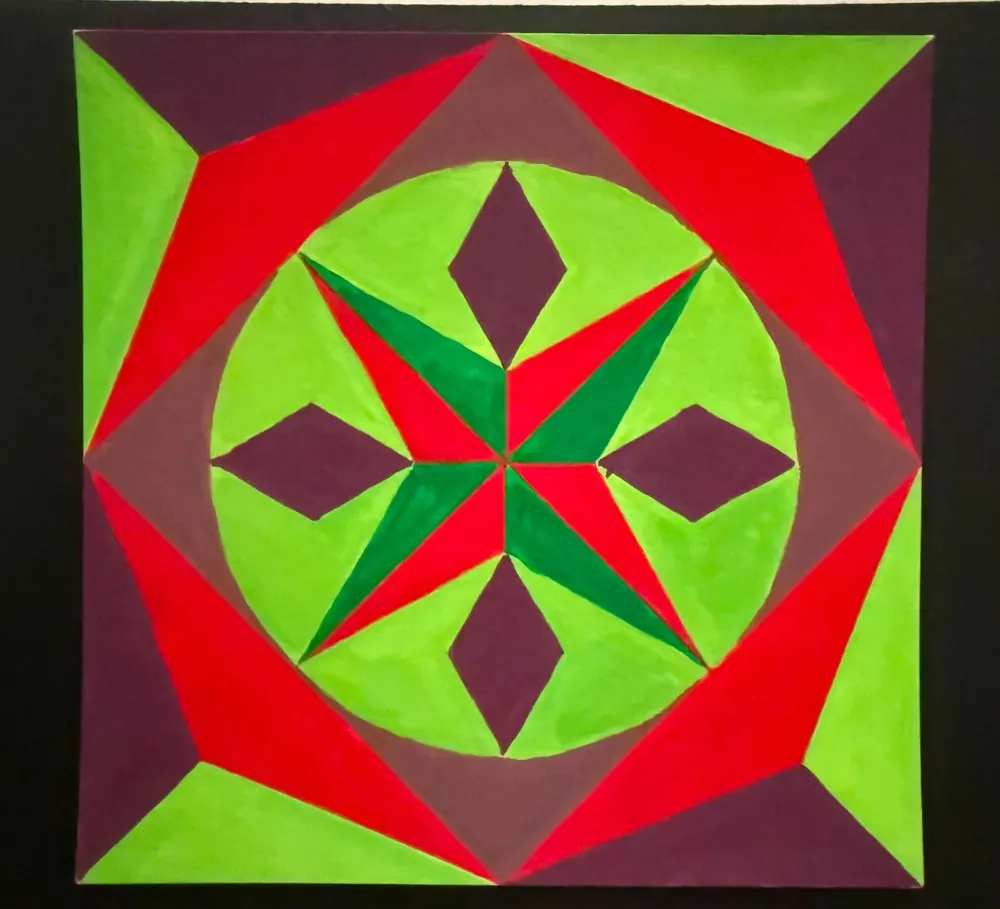 Quilt Star: an eight-pointed star in rings of lime, scarlet, and plum