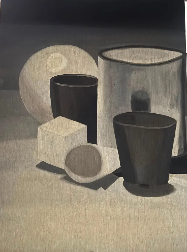 Study in Grey: a sphere, a cube, a glass jar, and two dark cups painted in warm greys