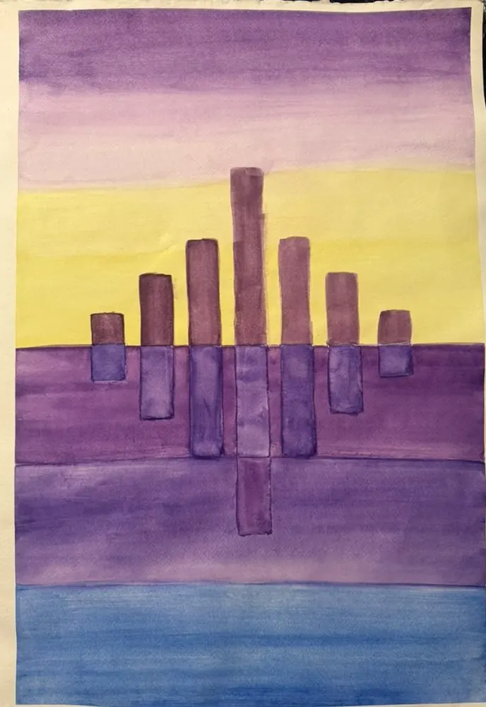 Violet Skyline: a row of violet towers stands against a yellow sky and repeats, upside down, in the water below