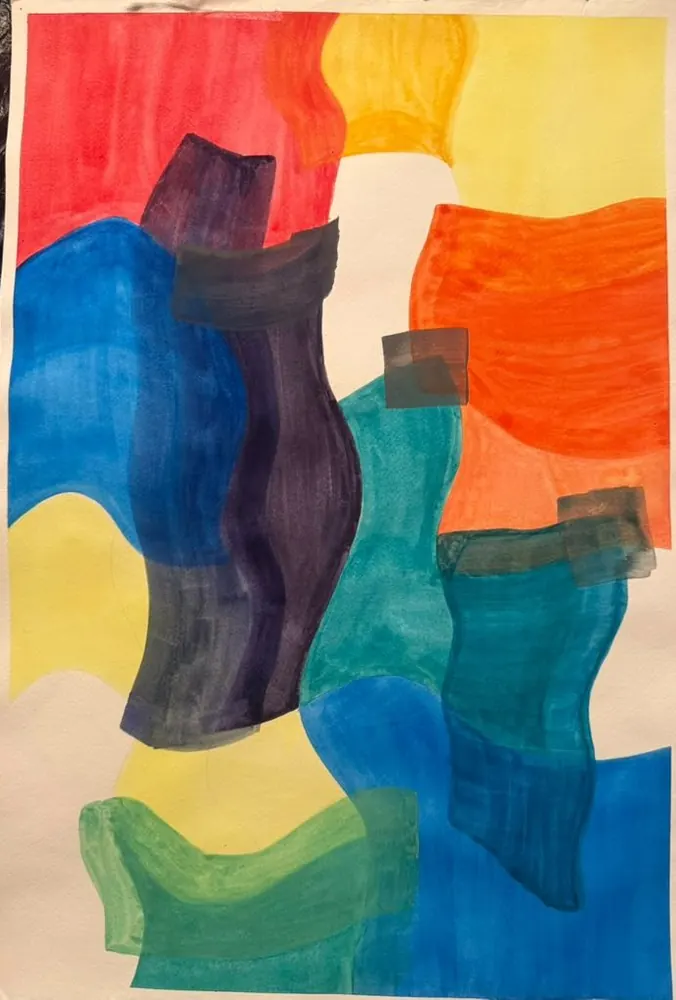 Waves of Color: wavy blocks of red, yellow, blue, orange, and green fit together like pieces of a puzzle