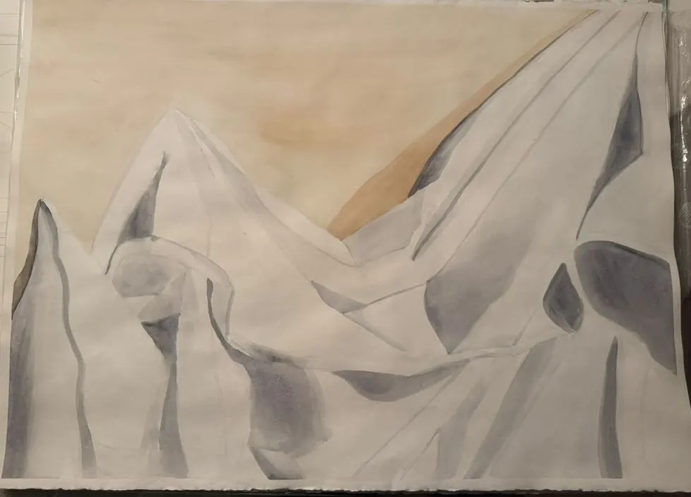 White Drapery: a white cloth rises into peaks and falls into deep folds, modelled in soft greys against a sandy ground