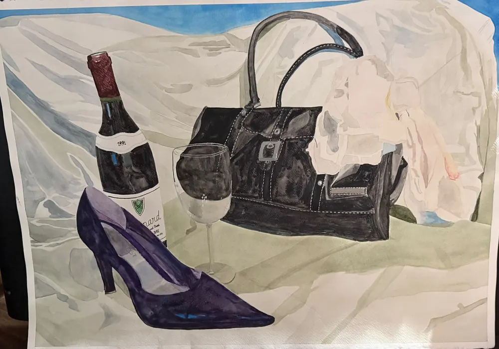 Wine, Bag, and Shoe: a wine bottle, a glass, a black handbag, and a violet high-heeled shoe are arranged on a white cloth